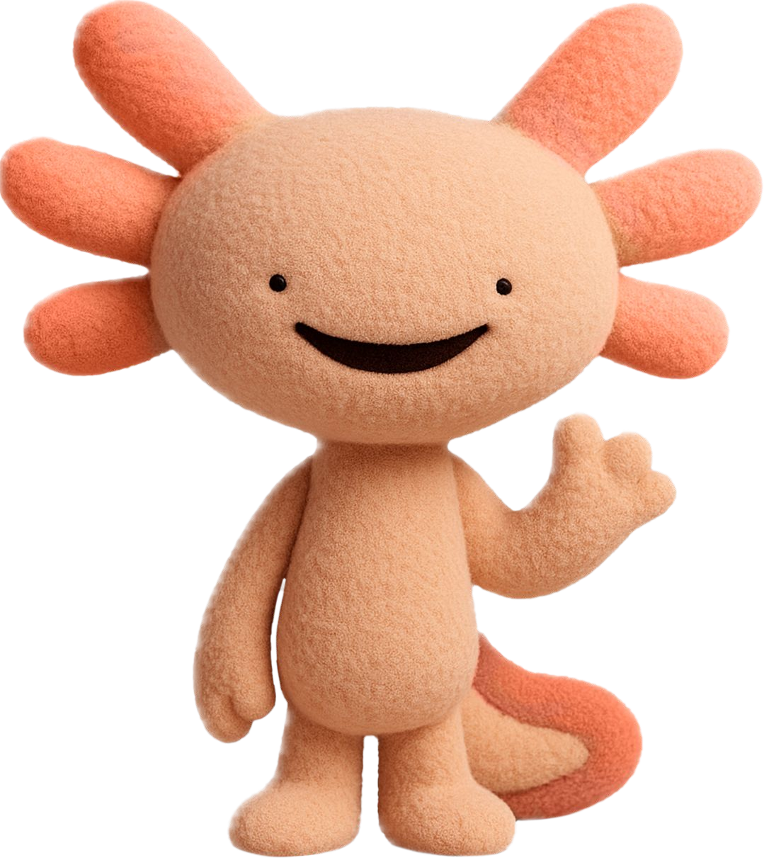Amigo, a warm peach axolotl character, waving