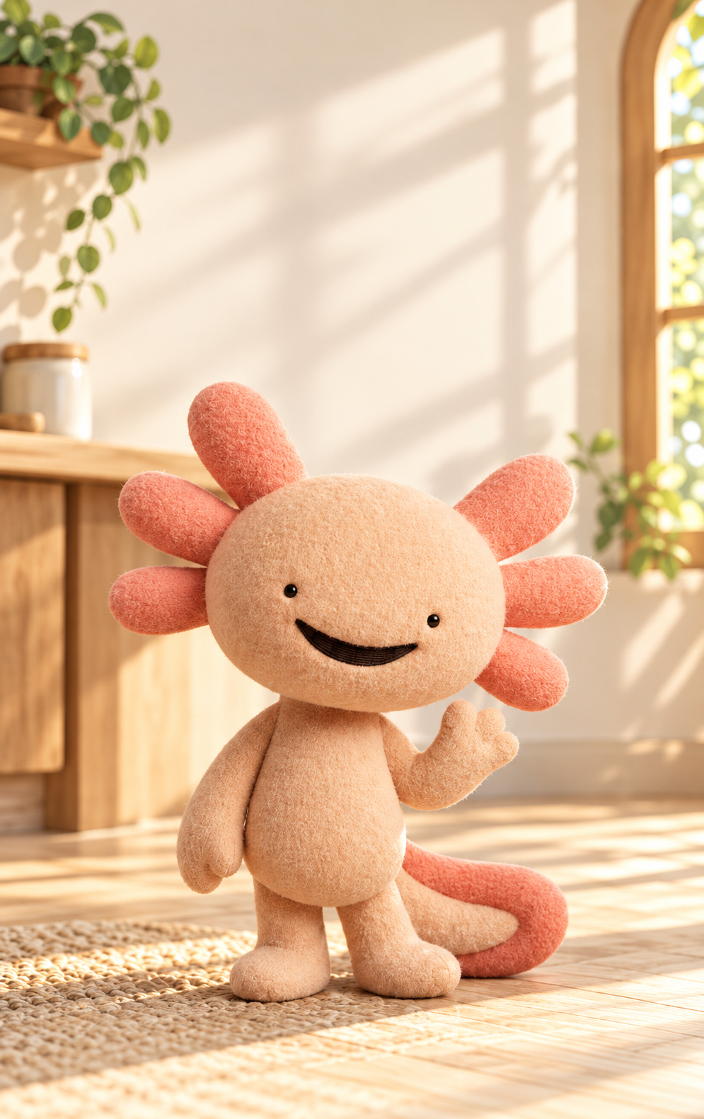 Amigo, a smiling peach axolotl companion, waves in a warm sunlit room.